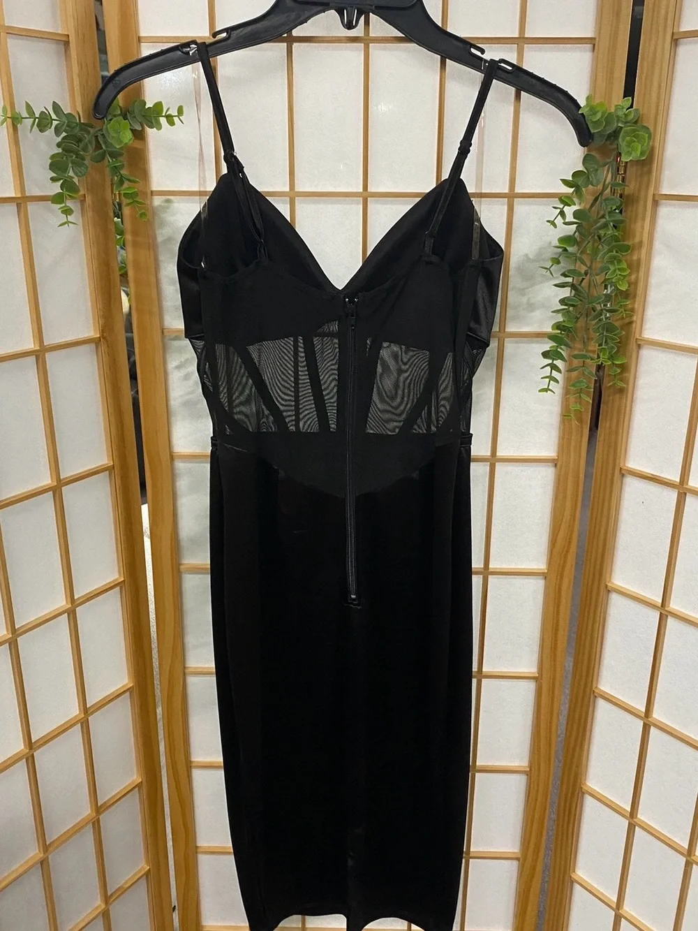 Black Sheer-Bodice Slip Dress with Adjustable Straps